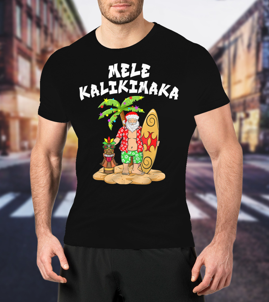 Mele Kalikimaka Santa With Surfboard And Tropical Tiki Palm Tree T-Shirt