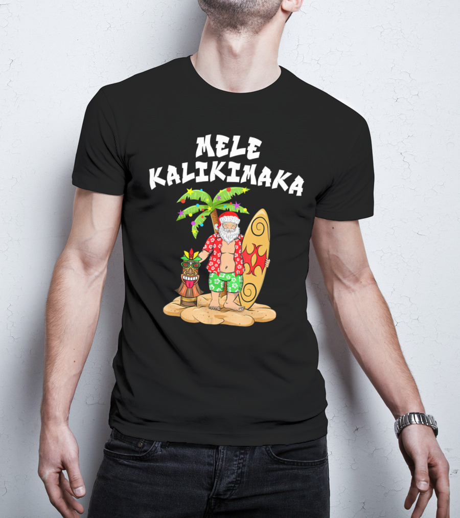 Mele Kalikimaka Santa With Surfboard And Tropical Tiki Palm Tree T-Shirt