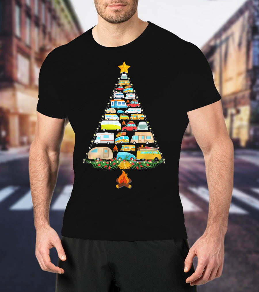 Christmas Tree Made Of Colorful Camping Vehicles With Star And Campfire T-Shirt