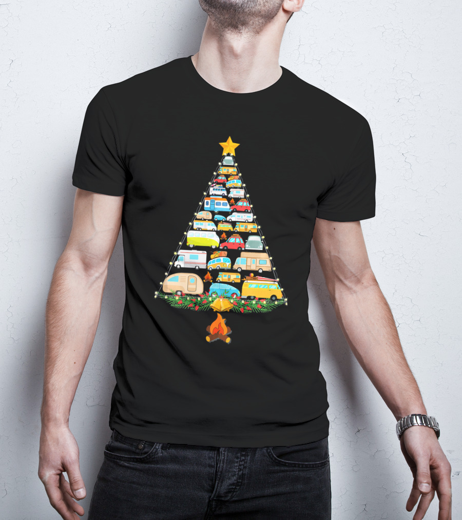Christmas Tree Made Of Colorful Camping Vehicles With Star And Campfire T-Shirt