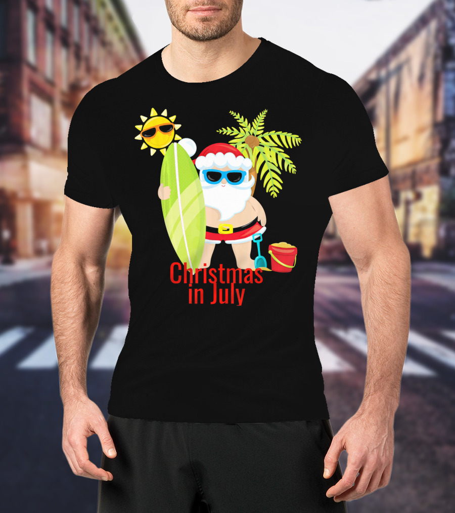 Christmas In July Beach Santa Surfer Sunny Holiday Fun T-Shirt