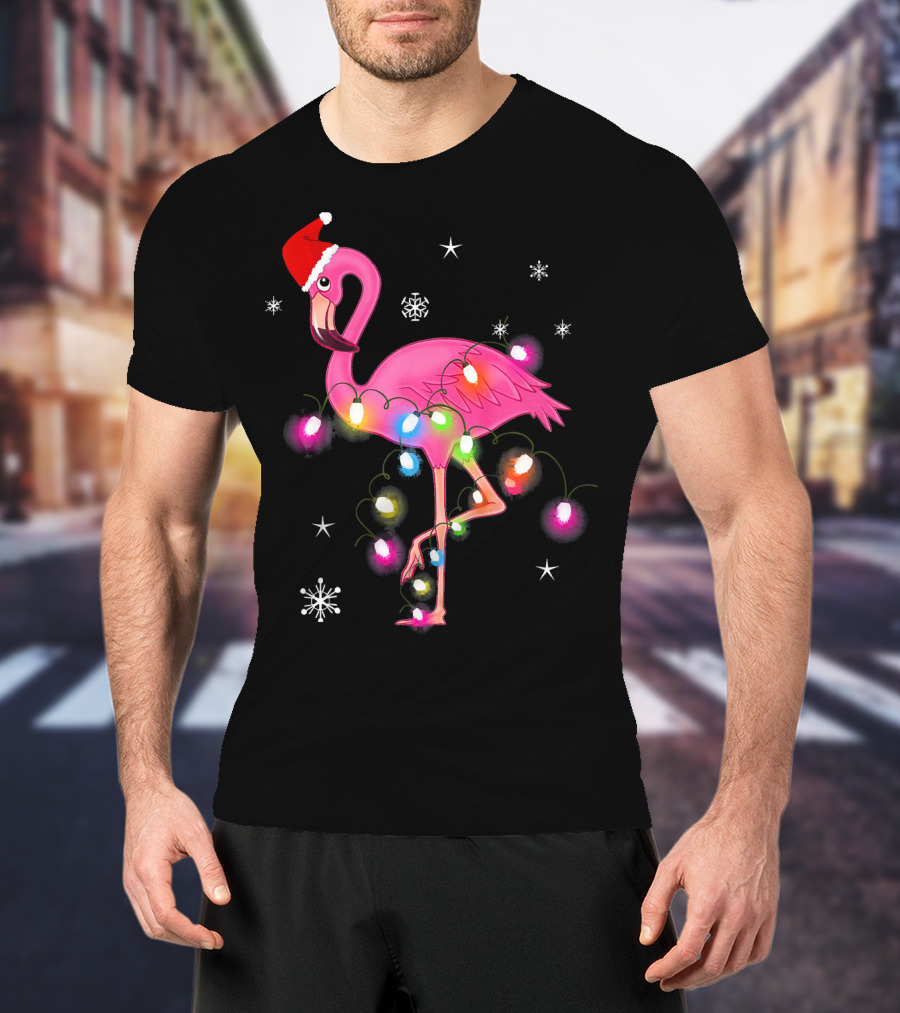 Pink Flamingo Christmas Lights And Santa Hat T-Shirt
