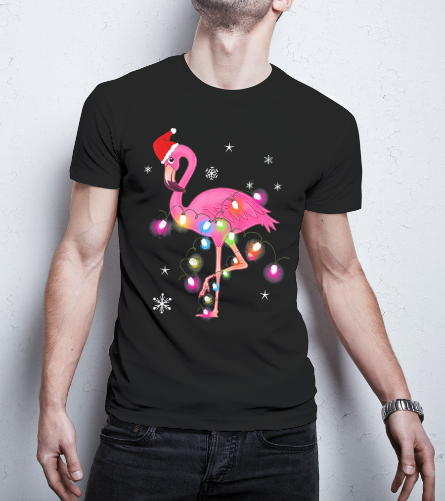 Pink Flamingo Christmas Lights And Santa Hat T-Shirt