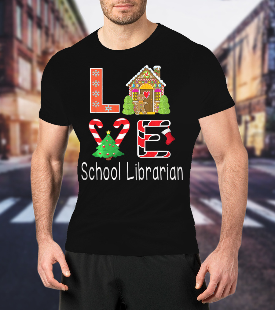 LOVE School Librarian Merry Christmas Gingerbread House Candy Cane Tree T-Shirt
