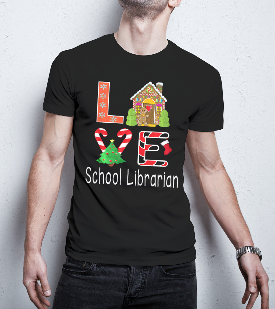 LOVE School Librarian Merry Christmas Gingerbread House Candy Cane Tree T-Shirt