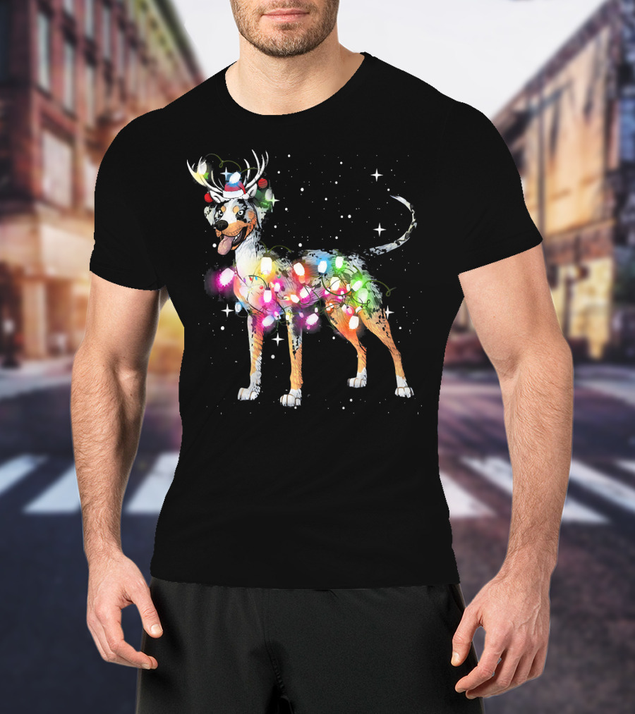 Festive Catahoula Leopard Dog With Christmas Lights And Reindeer Antlers T-Shirt