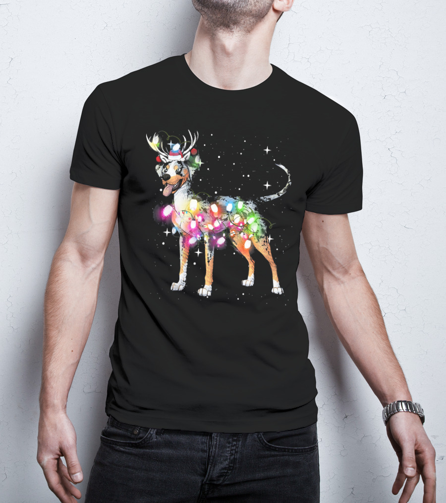 Festive Catahoula Leopard Dog With Christmas Lights And Reindeer Antlers T-Shirt