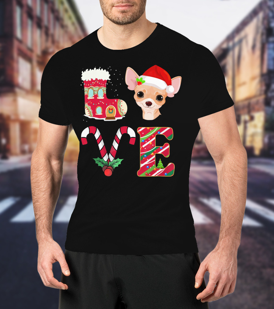 I Love My Chihuahua Christmas Theme With Santa Hat And Holiday Decorations T-Shirt
