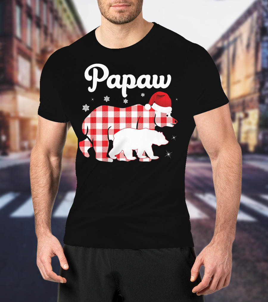 Papaw Red Plaid Bear Santa Hat Snowflakes Matching Family Pajama T-Shirt