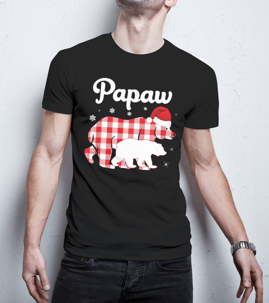 Papaw Red Plaid Bear Santa Hat Snowflakes Matching Family Pajama T-Shirt