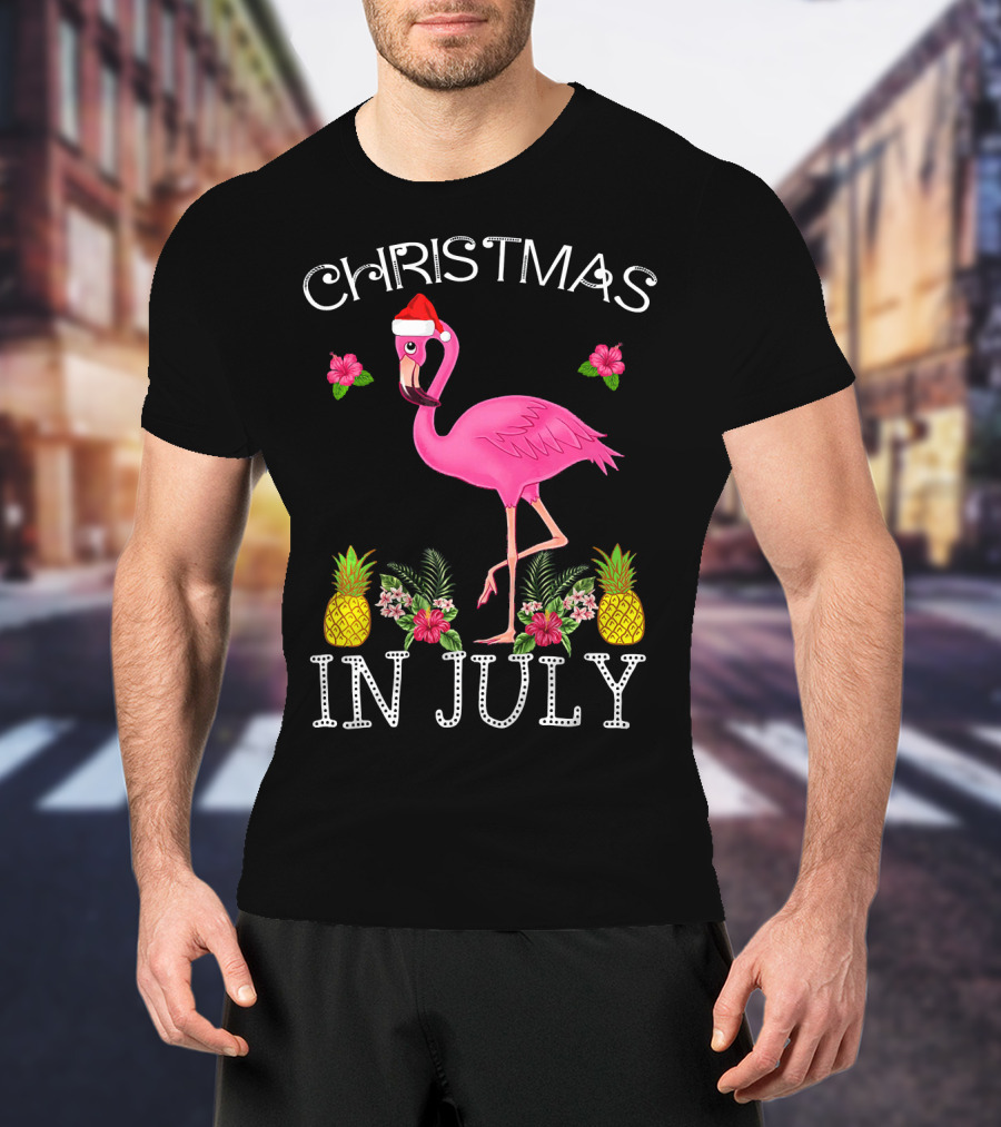 Christmas In July Pink Flamingo Santa Hat Pineapples Floral T-Shirt
