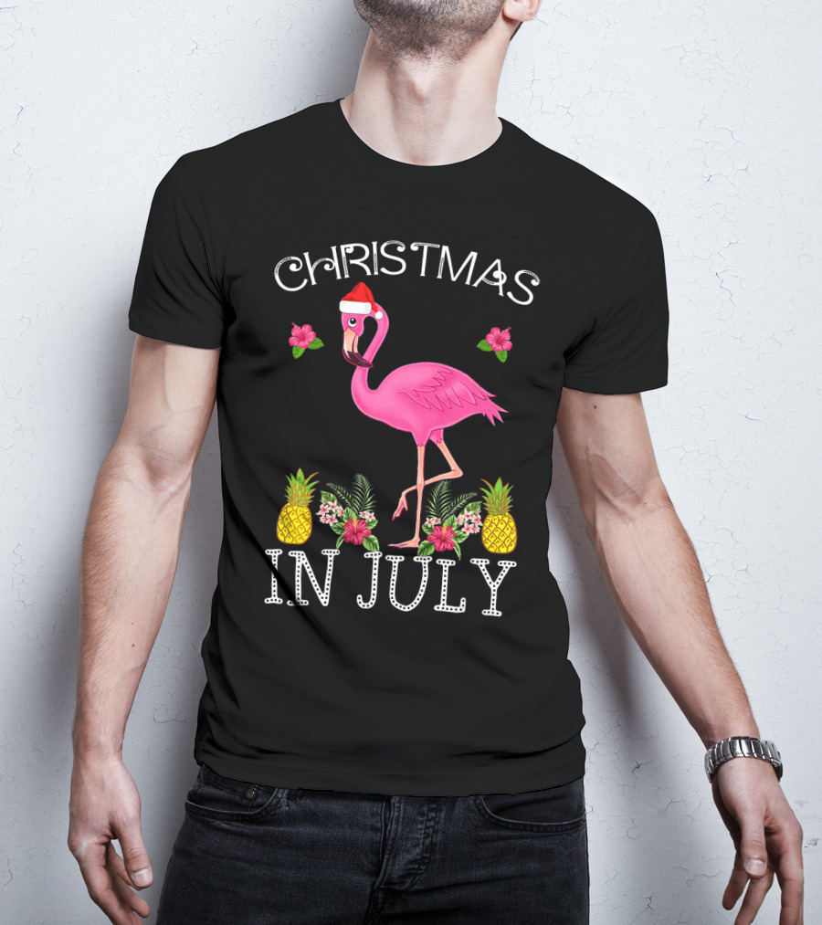 Christmas In July Pink Flamingo Santa Hat Pineapples Floral T-Shirt