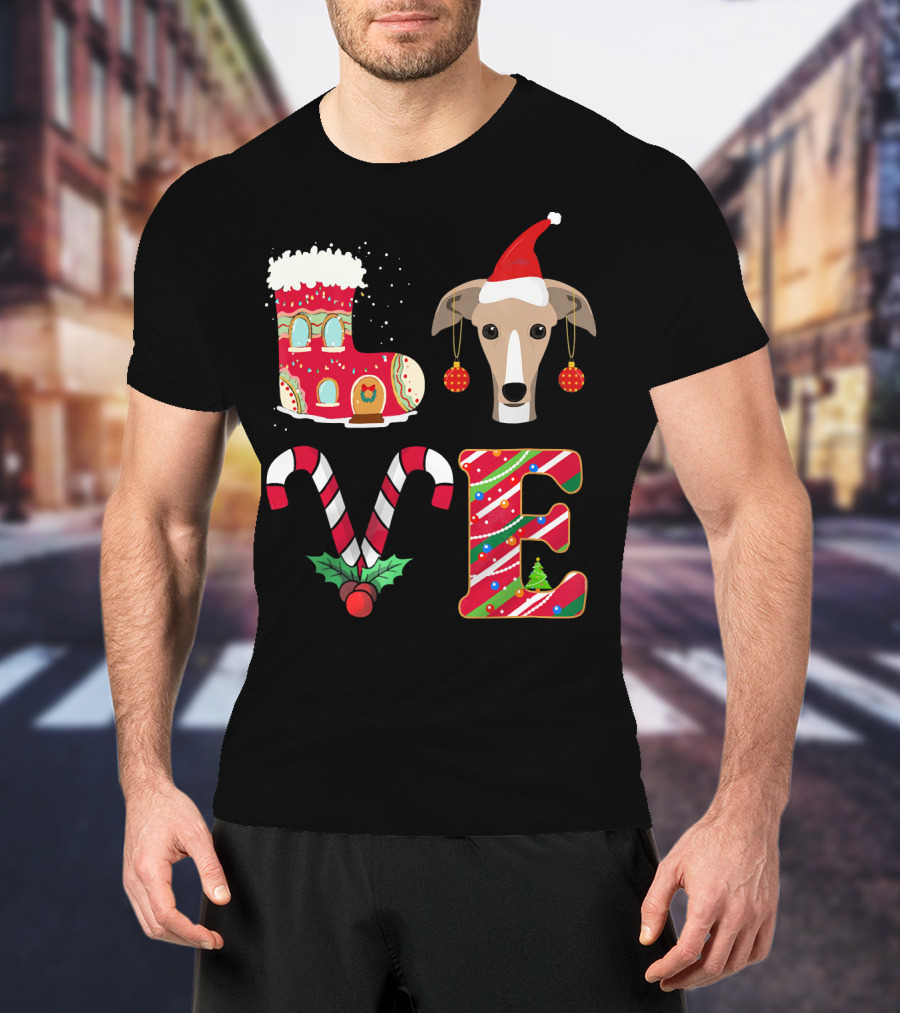 I Love My Greyhound Christmas Love Gingerbread Stocking Santa Hat Candy Cane Ornaments T-Shirt