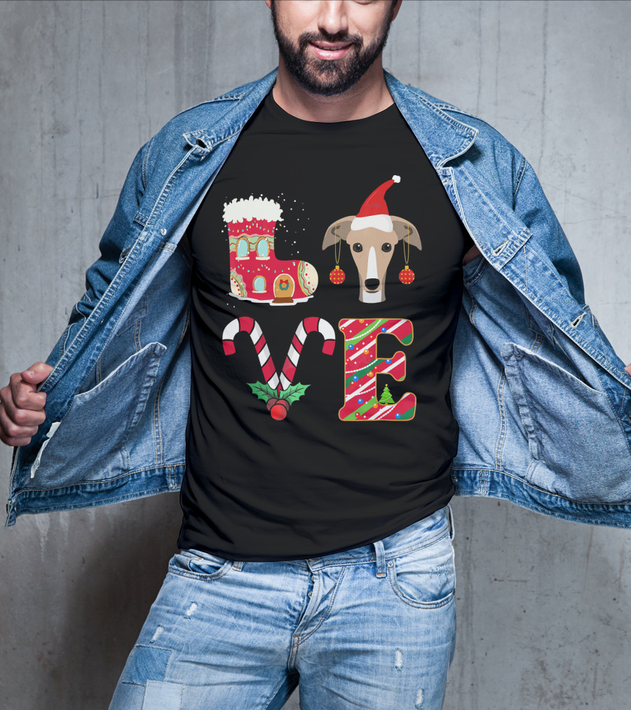 I Love My Greyhound Christmas Love Gingerbread Stocking Santa Hat Candy Cane Ornaments T-Shirt