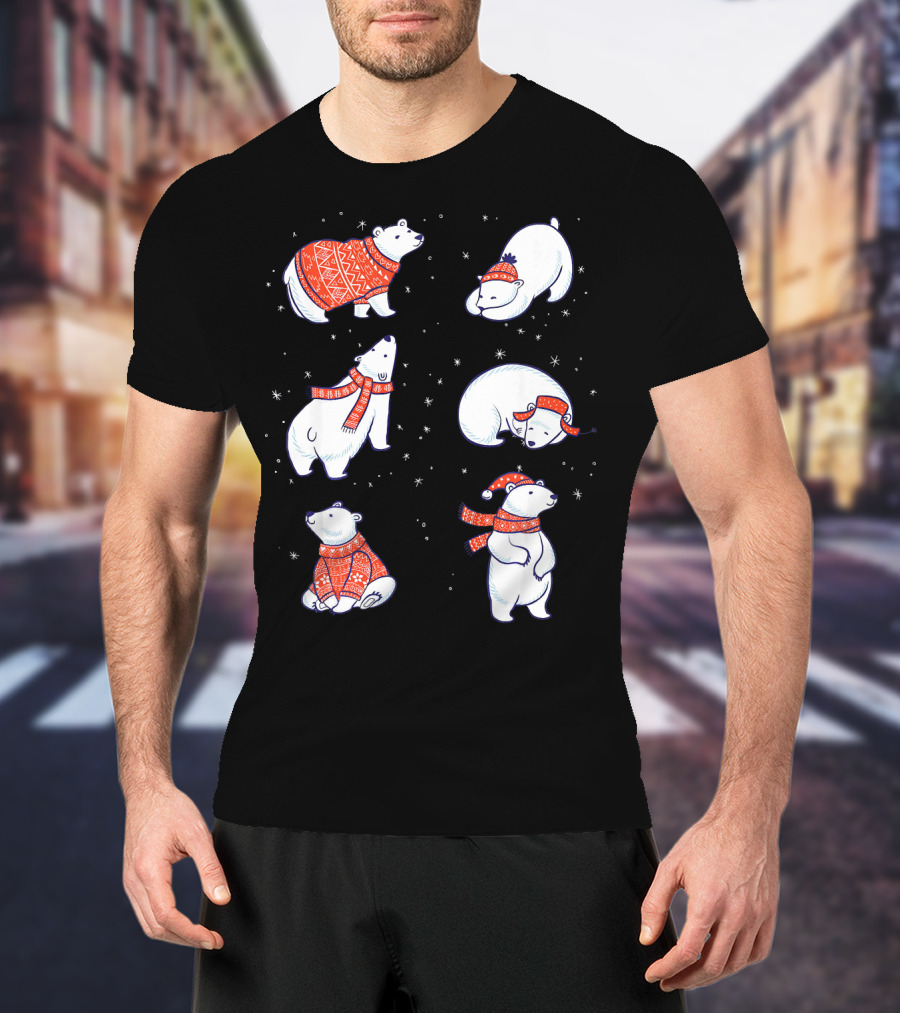 Cute Hand Drawn Polar Bear In Festive Red Sweaters And Scarves T-Shirt