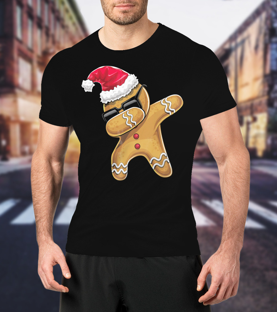 Santa Hat Dabbing Gingerbread Man Holiday Baking T-Shirt