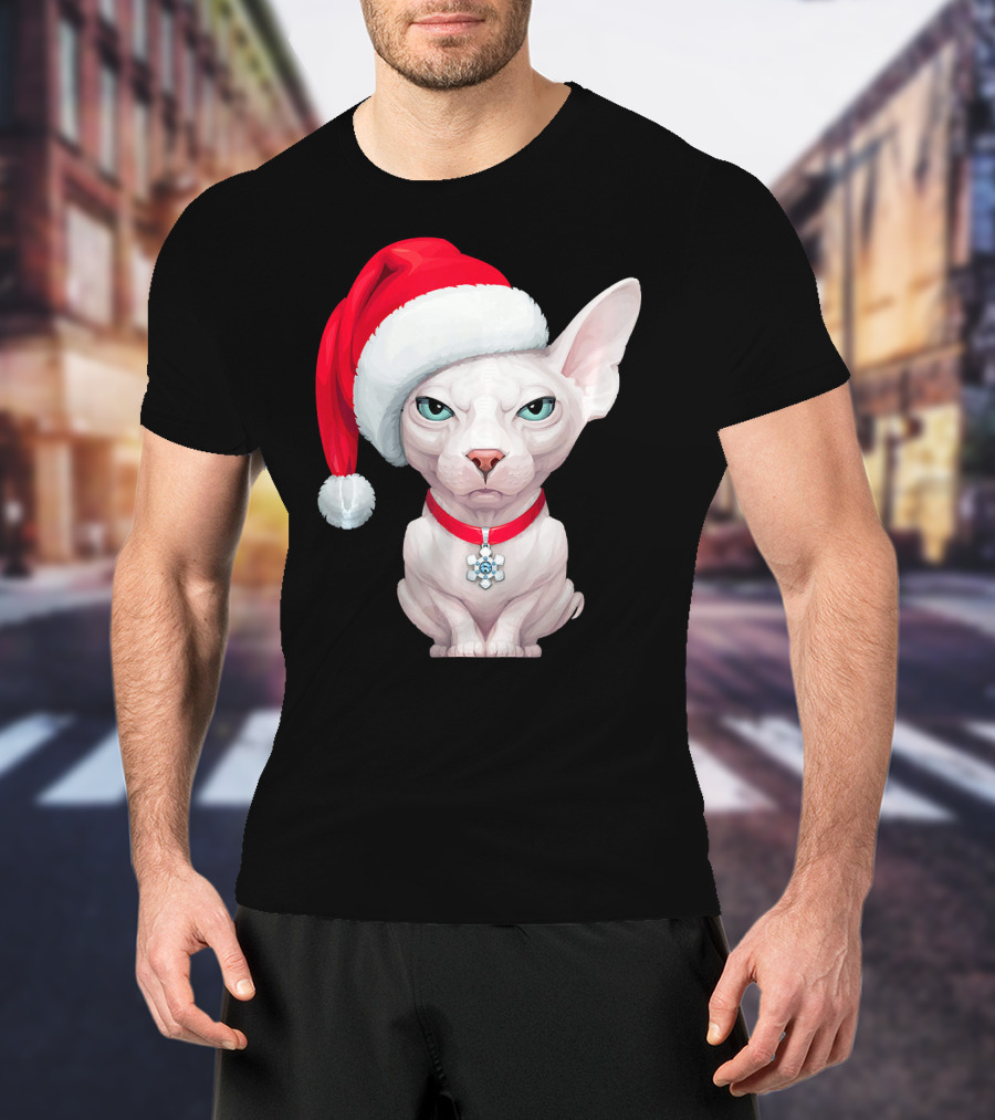 Sphynx Cat Santa Hat Christmas Holiday Festive Pet Charm T-Shirt