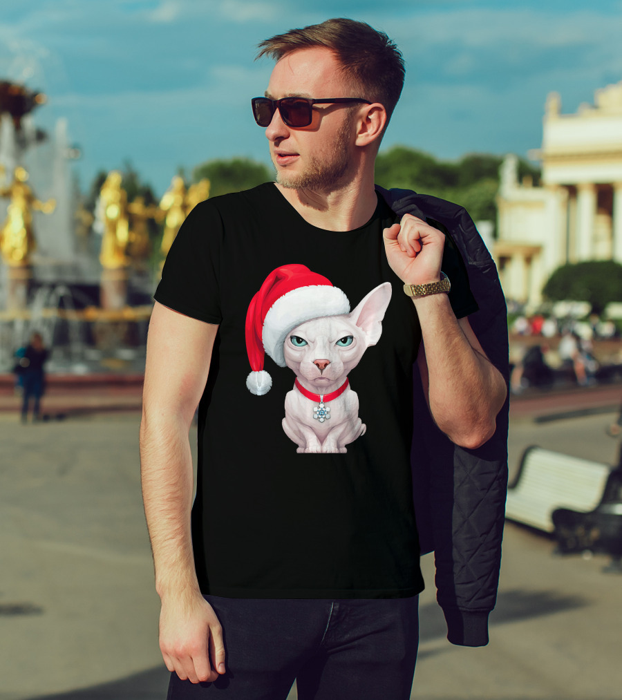 Sphynx Cat Santa Hat Christmas Holiday Festive Pet Charm T-Shirt