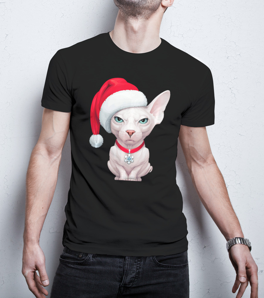 Sphynx Cat Santa Hat Christmas Holiday Festive Pet Charm T-Shirt