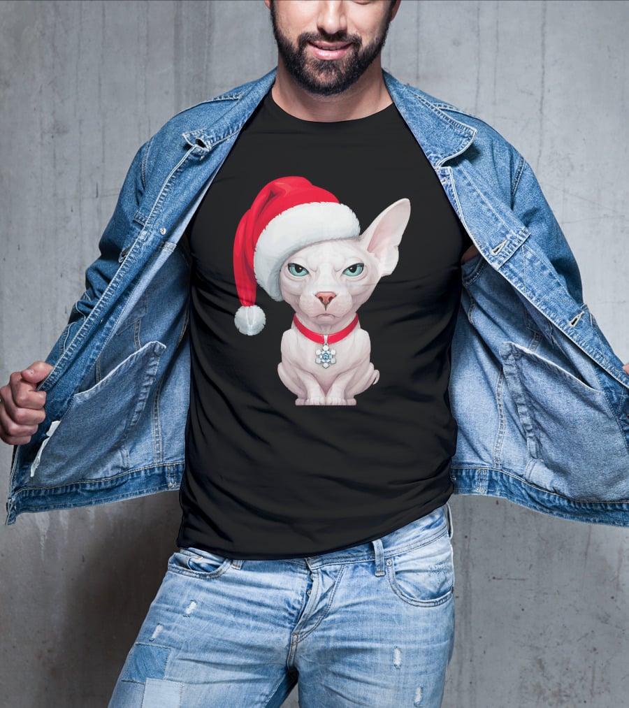 Sphynx Cat Santa Hat Christmas Holiday Festive Pet Charm T-Shirt