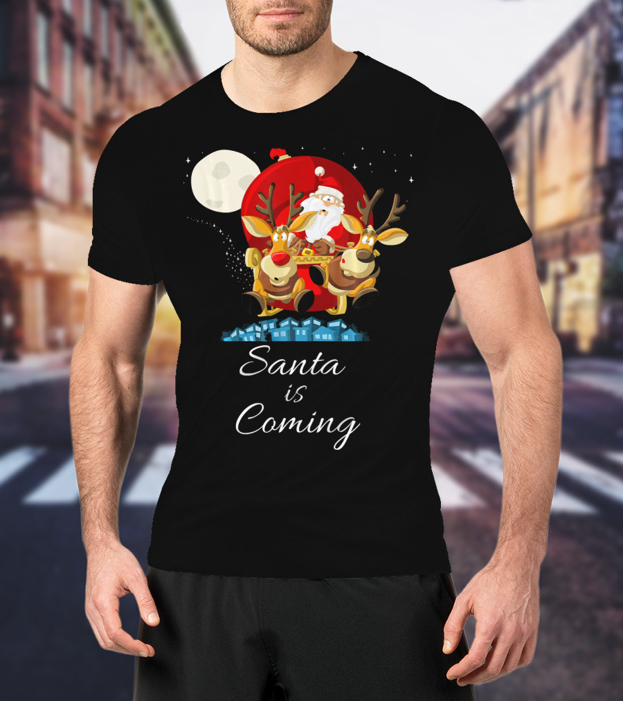 Santa Is Coming With Reindeer Sleigh Under The Moonlight T-Shirt
