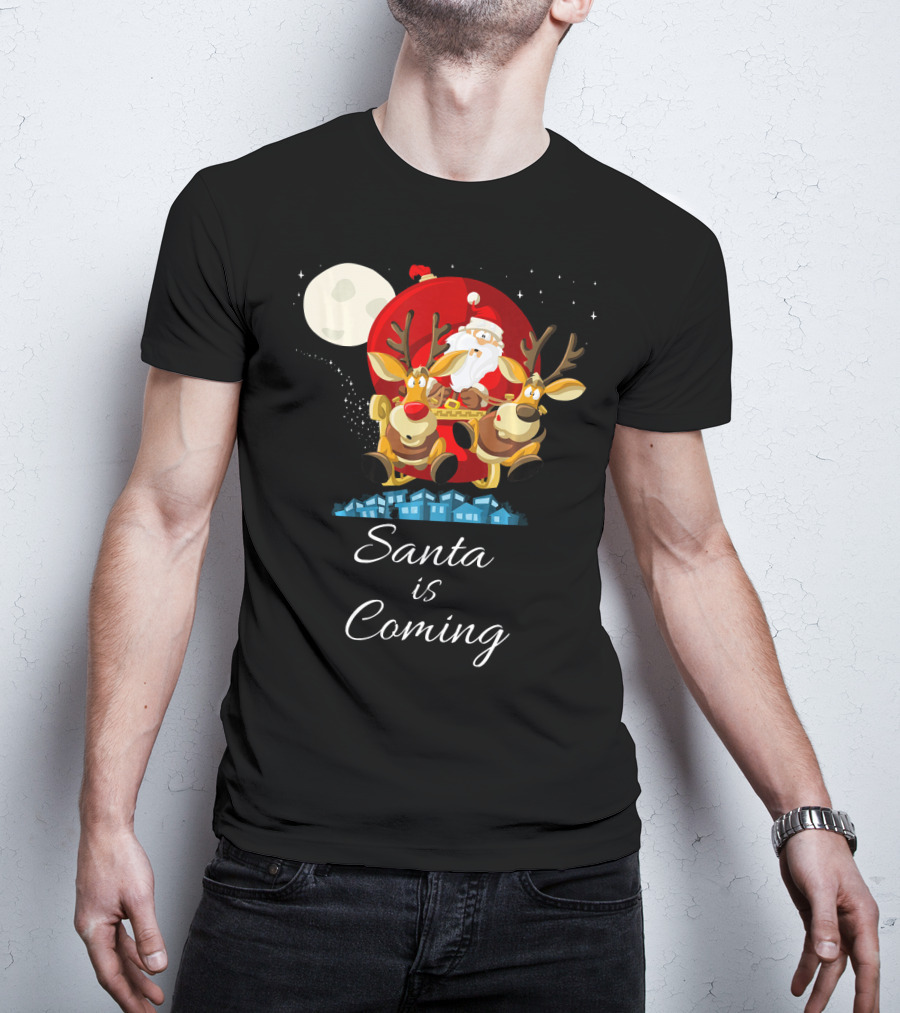 Santa Is Coming With Reindeer Sleigh Under The Moonlight T-Shirt