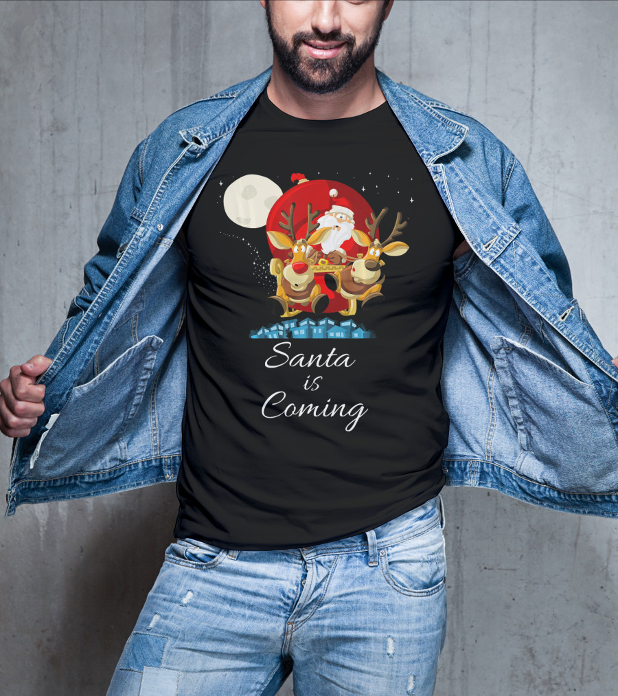 Santa Is Coming With Reindeer Sleigh Under The Moonlight T-Shirt