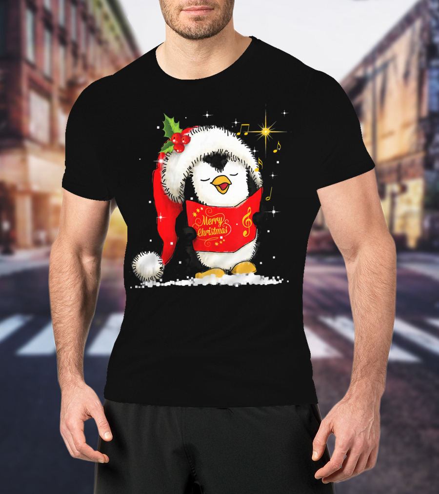 Tee89s Penguin Merry Christmas Song With Santa Hat And Music Notes T-Shirt