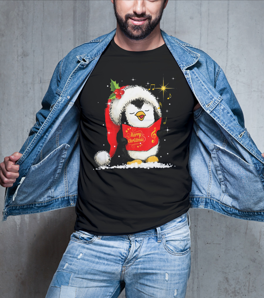 Tee89s Penguin Merry Christmas Song With Santa Hat And Music Notes T-Shirt