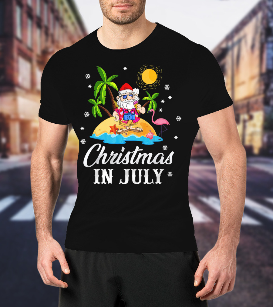 Christmas In July Flamingo Santa On Tropical Island With Palm Trees And Sun T-Shirt