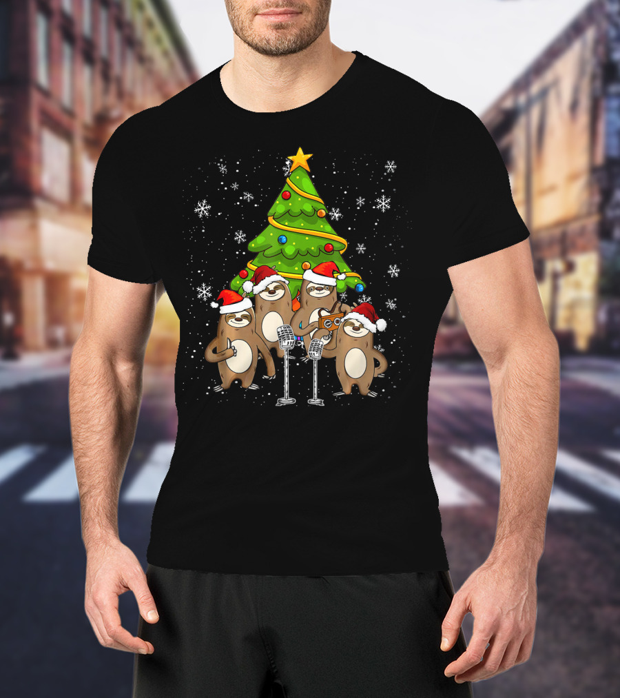 Santa Sloths Singing Festive Cheer Around Christmas Tree T-Shirt
