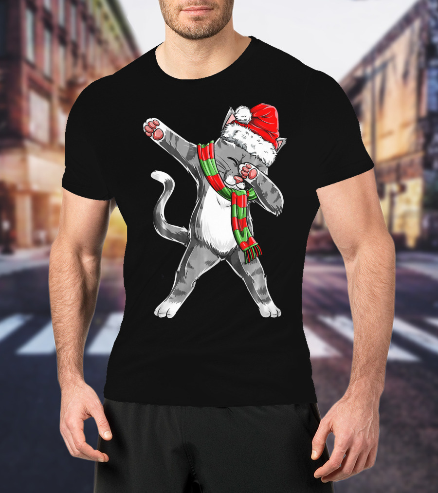 Dabbing Cat Santa Christmas Kids Bo Kitty Santa Hat Green Red Scarf T-Shirt