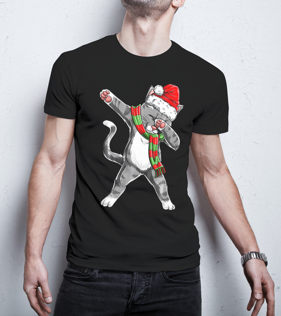 Dabbing Cat Santa Christmas Kids Bo Kitty Santa Hat Green Red Scarf T-Shirt