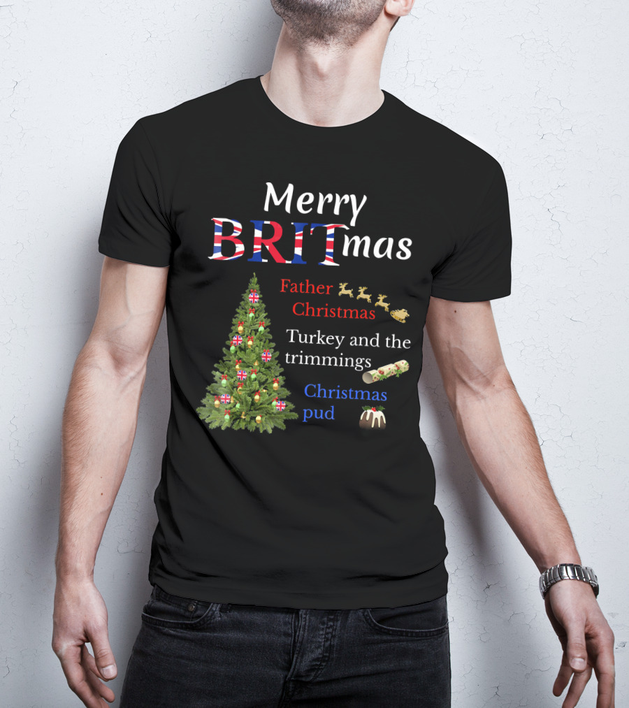 Merry Britmas Father Christmas Turkey And Trimmings Christmas Pud T-Shirt