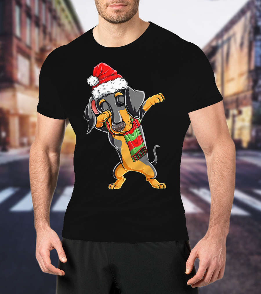 Dabbing Dachshund Santa With Christmas Hat And Scarf T-Shirt