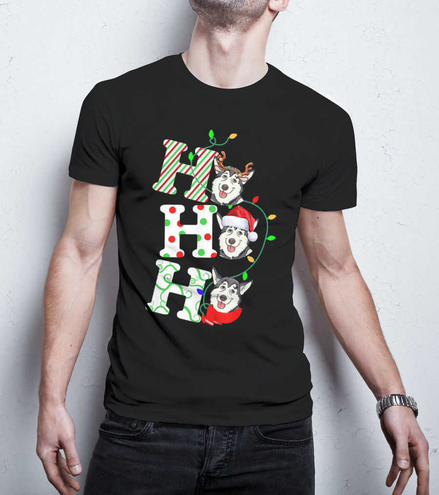 Ho Ho Ho Husky Santa Hat Reindeer Antlers Christmas Lights T-Shirt