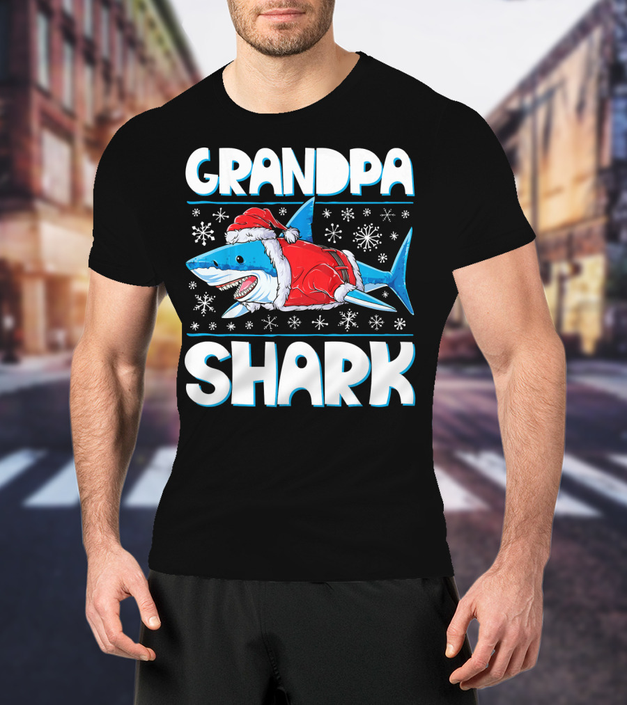 Grandpa Shark In Santa Hat With Snowflakes T-Shirt