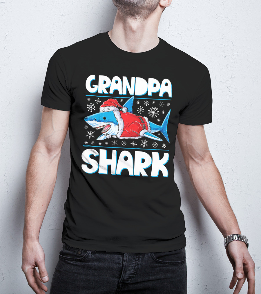 Grandpa Shark In Santa Hat With Snowflakes T-Shirt