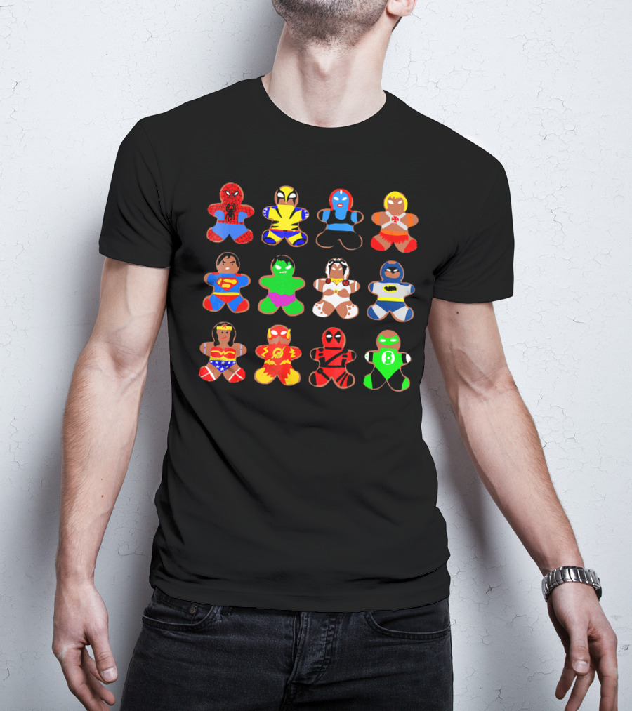 Superhero Gingerbread Man Spider-Man Wolverine Mystique Iron Man Superman Hulk Wonder Woman Flash Deadpool Batman Green Lantern T-Shirt