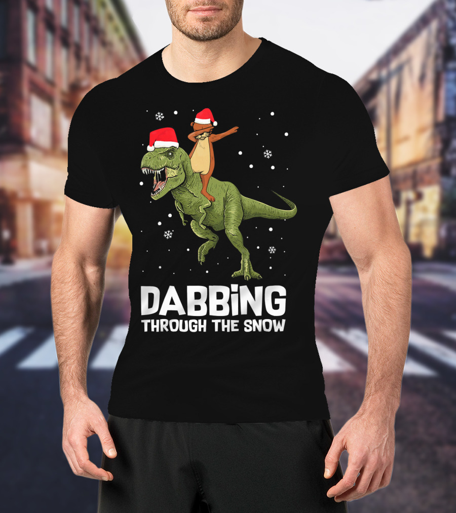 Dabbing Through The Snow Otter Rides Dinosaur Santa Hats T-Shirt