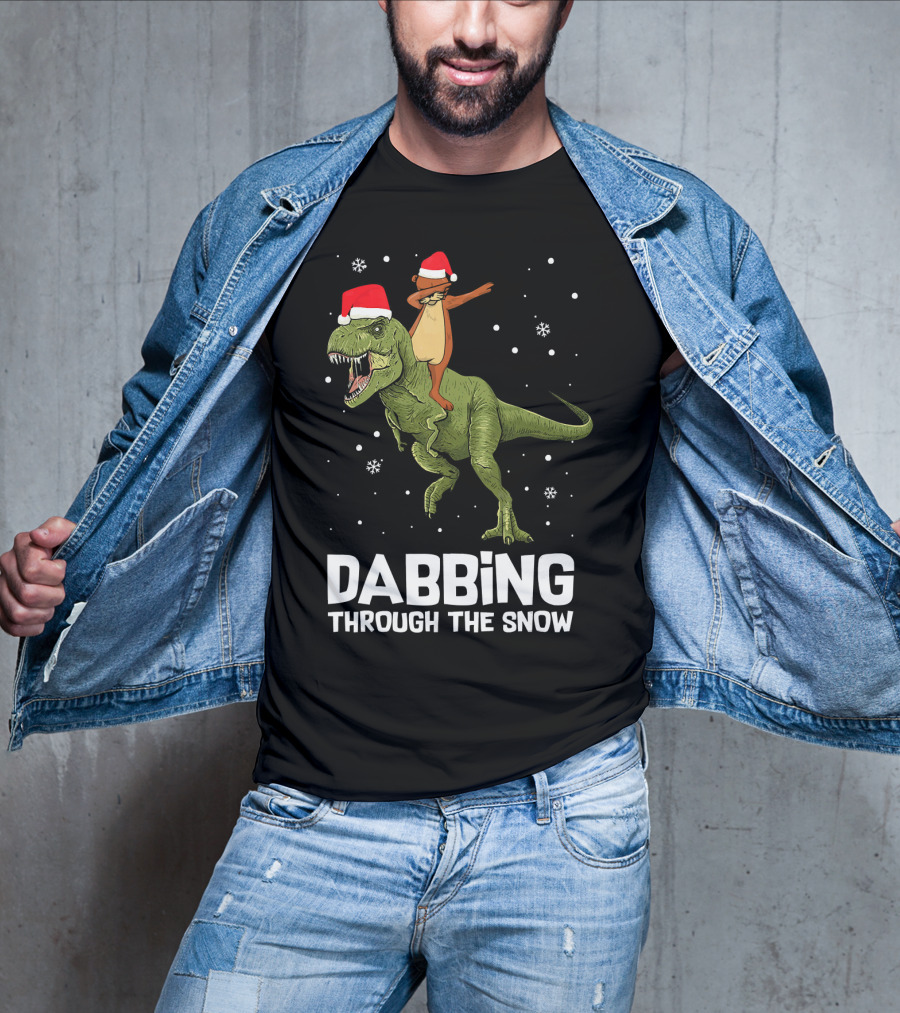 Dabbing Through The Snow Otter Rides Dinosaur Santa Hats T-Shirt