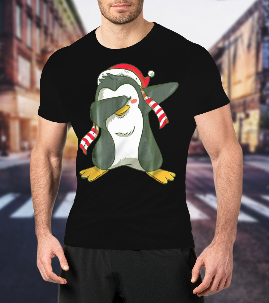 Dabbing Penguin In Santa Hat With Striped Scarf T-Shirt