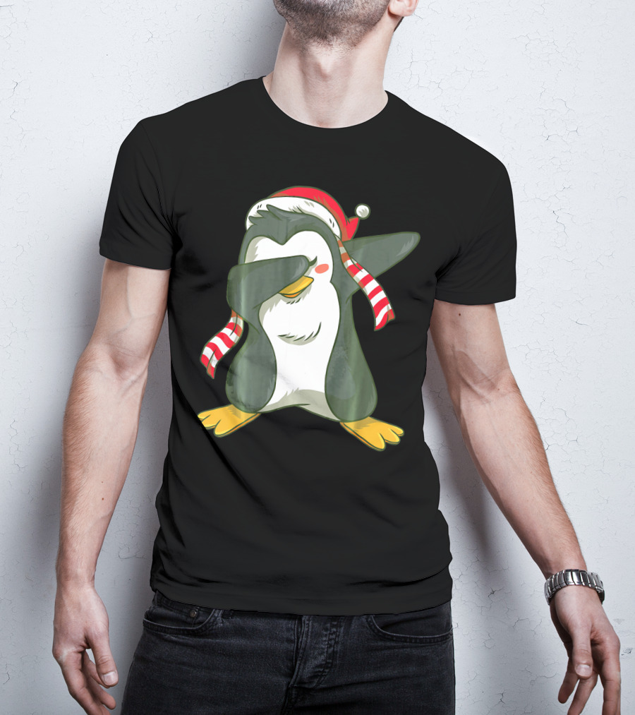 Dabbing Penguin In Santa Hat With Striped Scarf T-Shirt