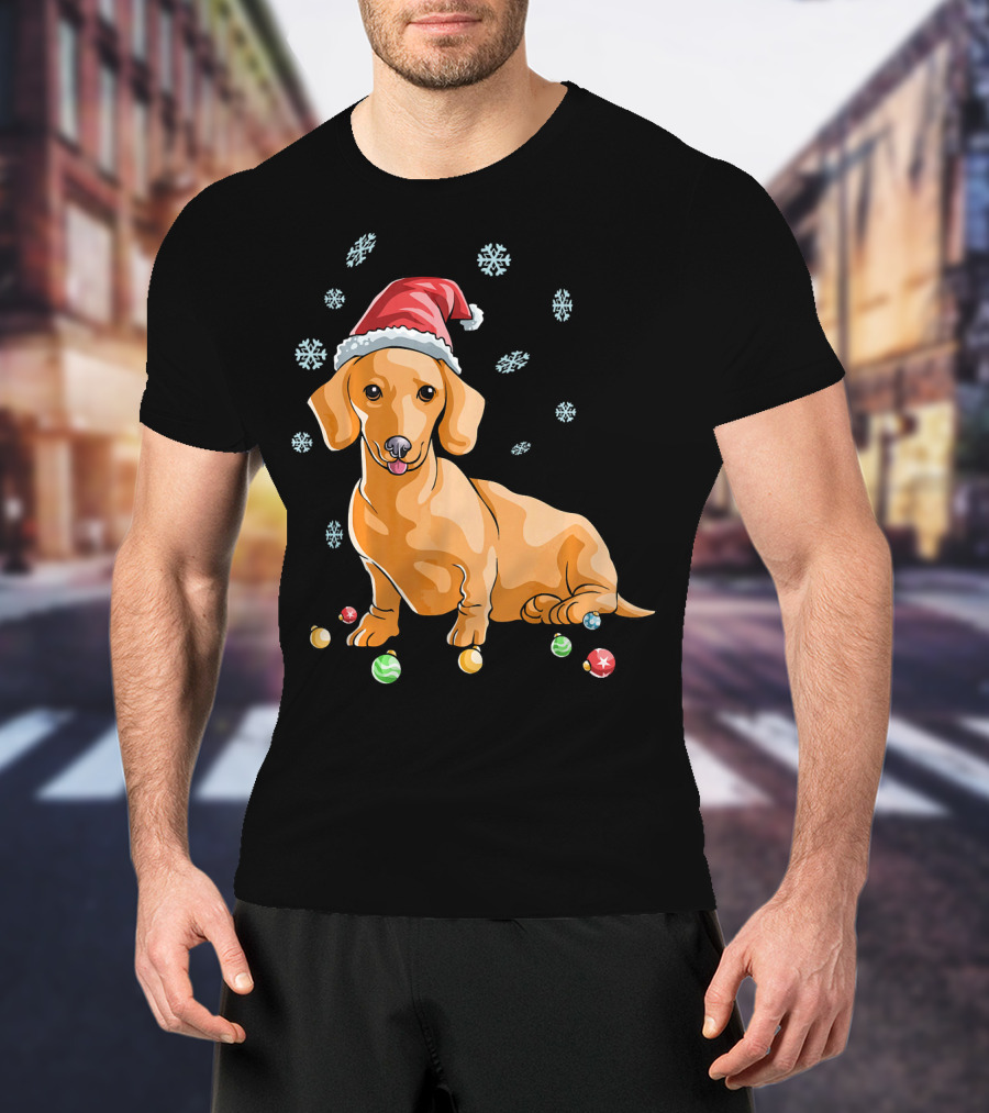 Wiener Dog Dachshund Puppy Santa Hat Snowflakes Holiday T-Shirt