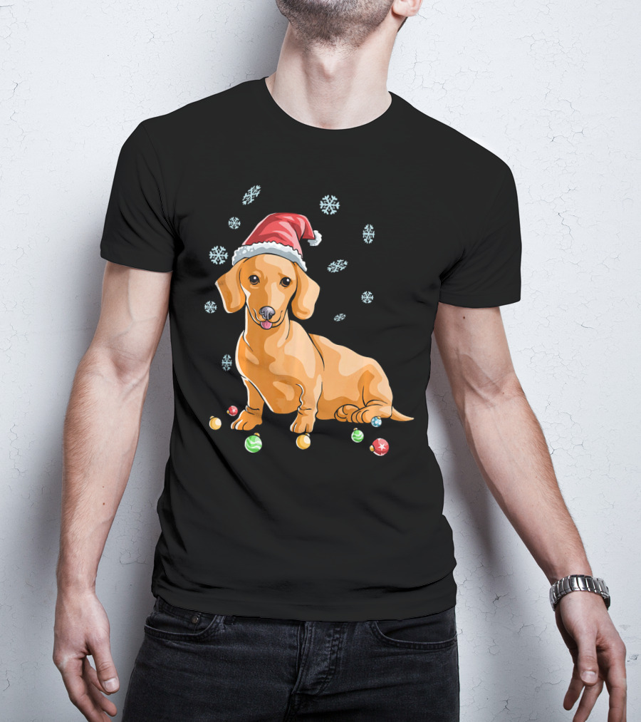 Wiener Dog Dachshund Puppy Santa Hat Snowflakes Holiday T-Shirt