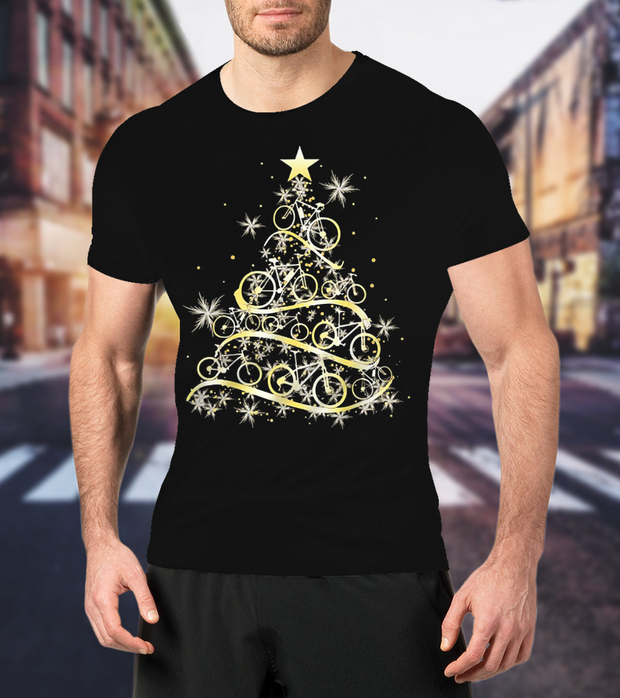 Bicycle Tree Christmas Biker Bike Festive Holiday Star T-Shirt