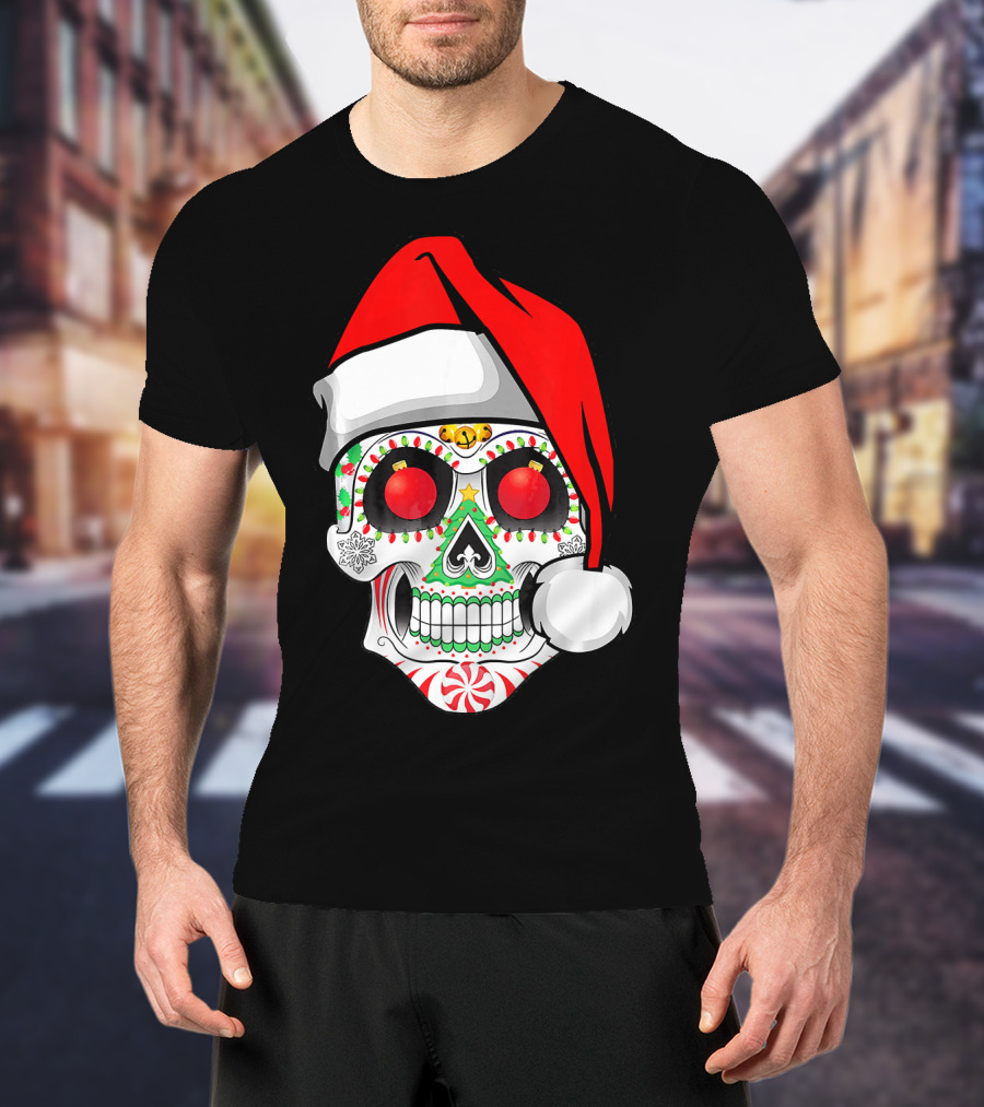 Jingle Jangle Christmas Sugar Skull Santa Hat Peppermint T-Shirt