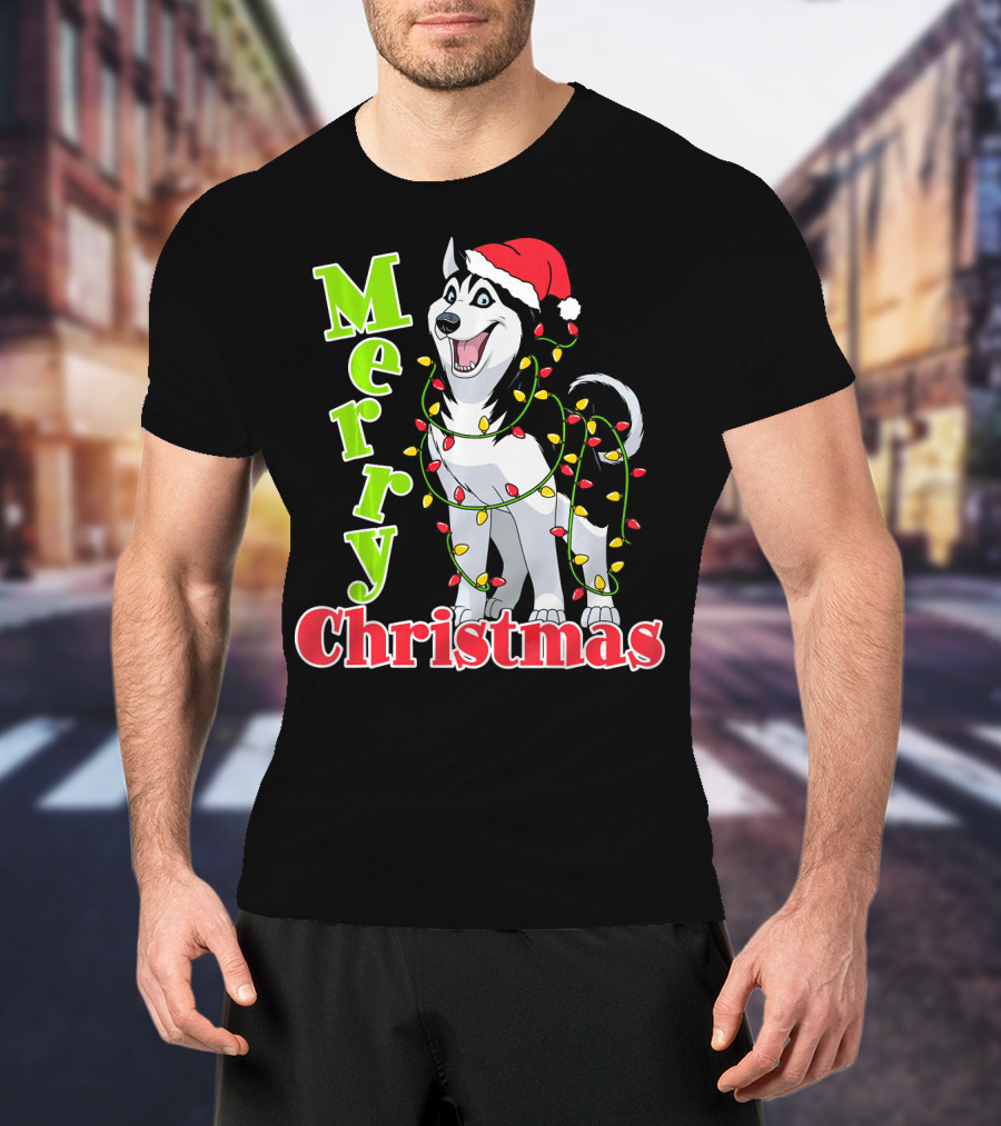 Merry Christmas Husky Festive Lights Holiday Santa Hat T-Shirt