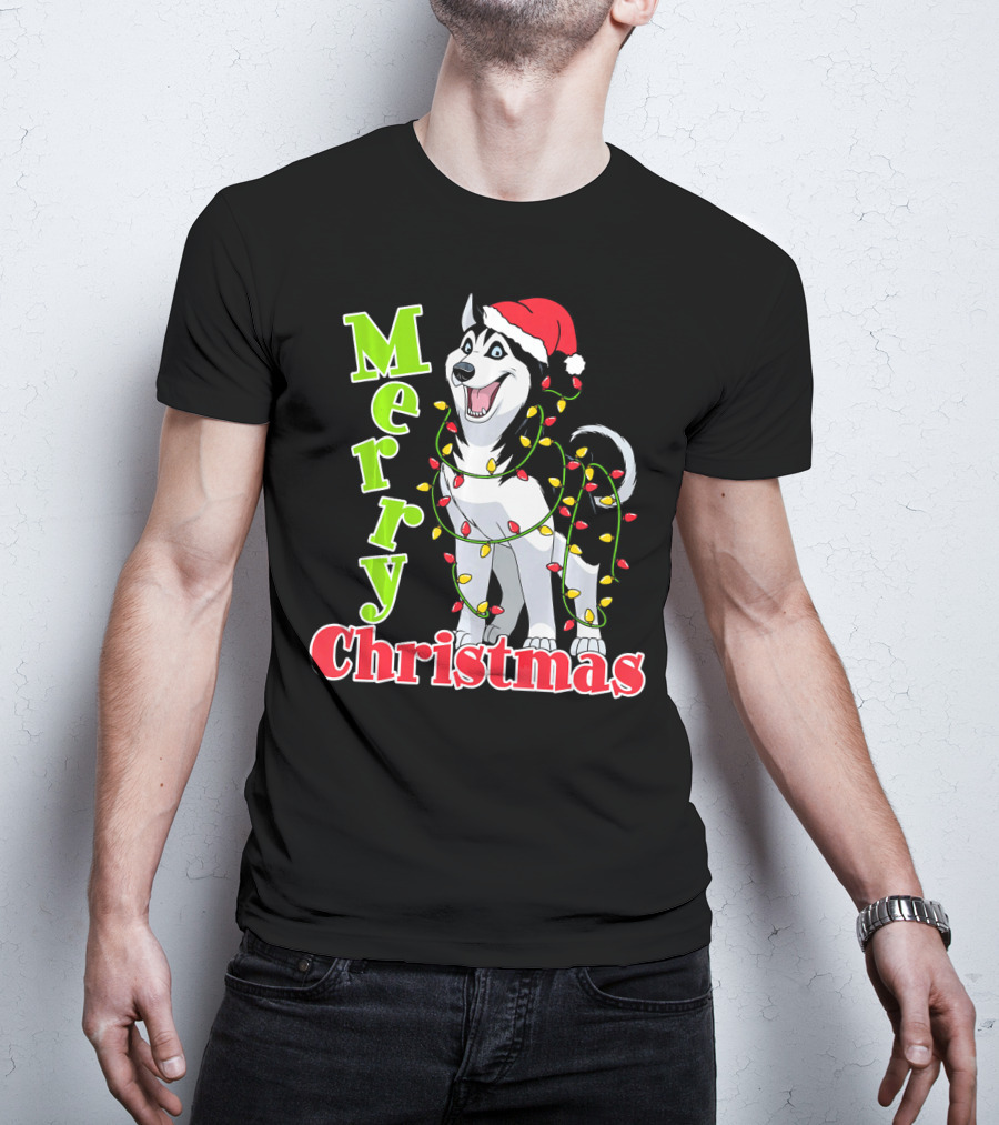 Merry Christmas Husky Festive Lights Holiday Santa Hat T-Shirt