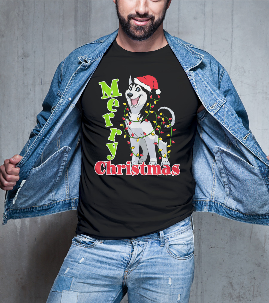 Merry Christmas Husky Festive Lights Holiday Santa Hat T-Shirt